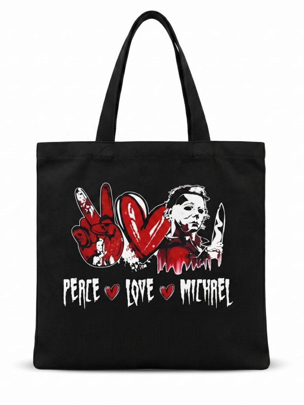 NIP Halloween Peace Love Michael Myers Horror Graphic Canvas Tote Bag 15"x15"